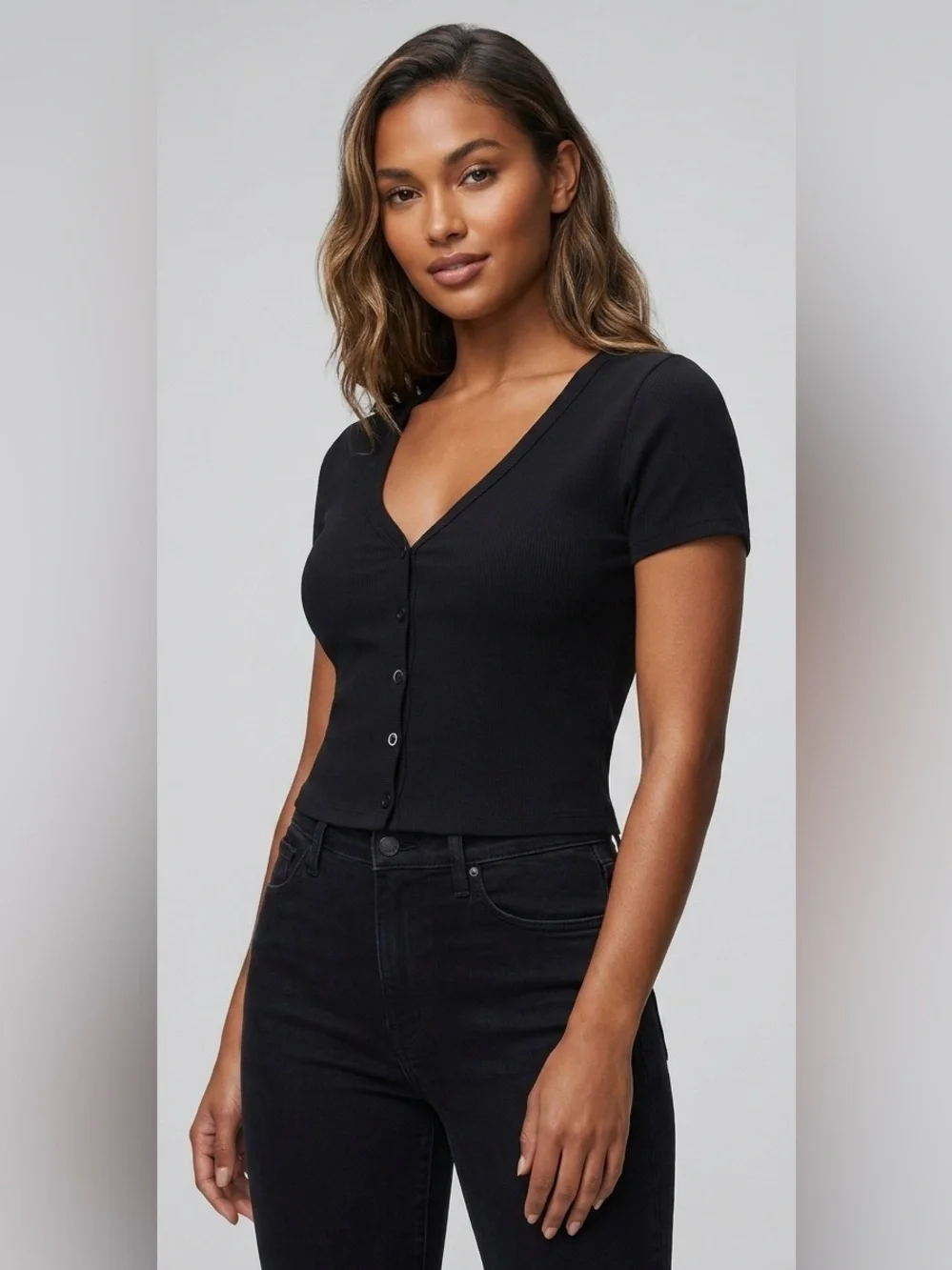 Good American‎ Black Ribbed V-Neck Short Sleeve Henley Top Cardigan